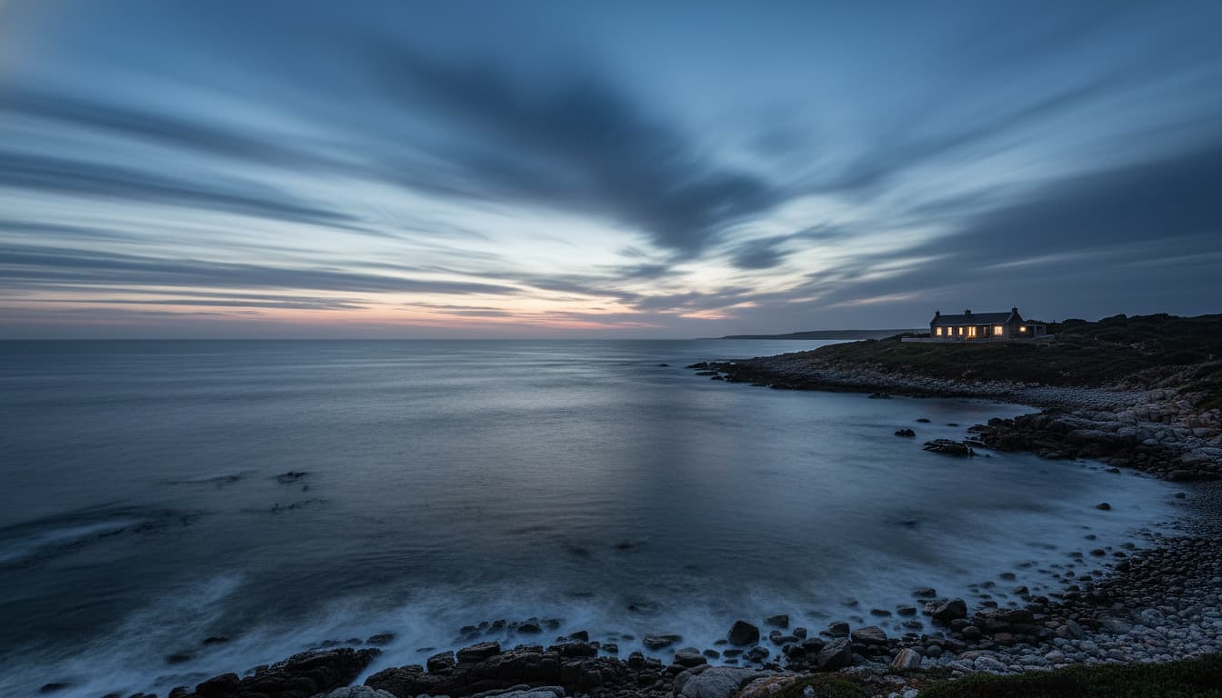 Western Cape coastline at blue hour with a single softly lit coastal home