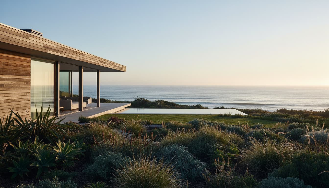 A modern coastal home in early morning light, viewed from the garden