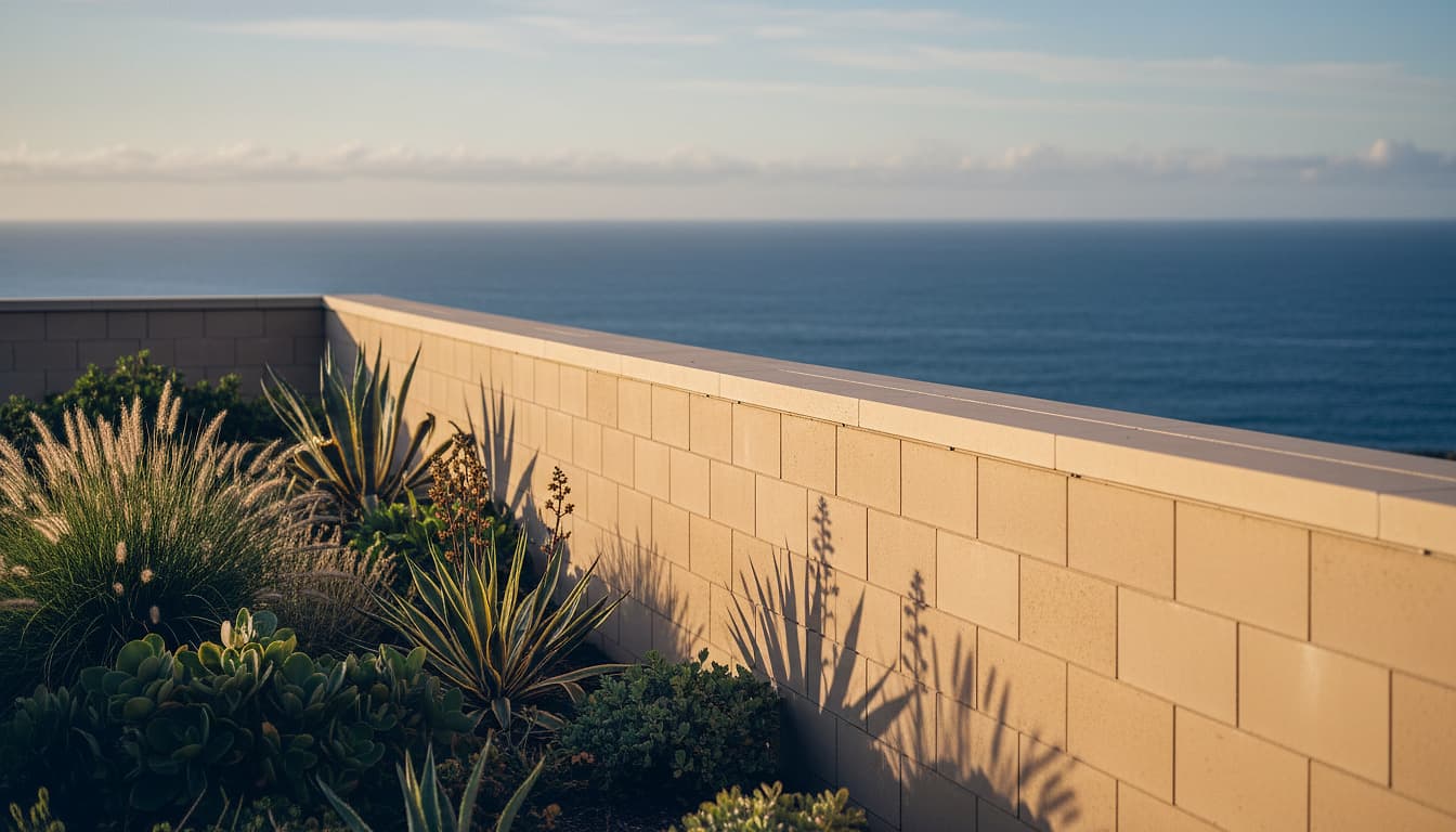 A clean architectural boundary wall at golden hour with the ocean beyond