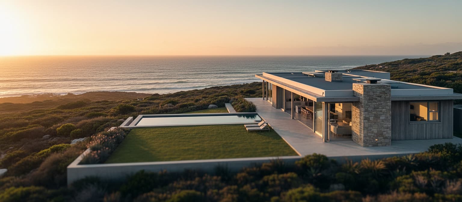 Modern coastal home overlooking the ocean at golden hour