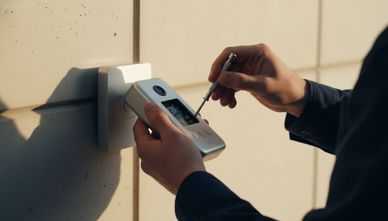 A technician's hands carefully servicing a security device