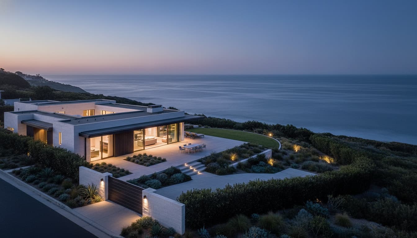 Aerial view of a modern coastal estate at blue hour